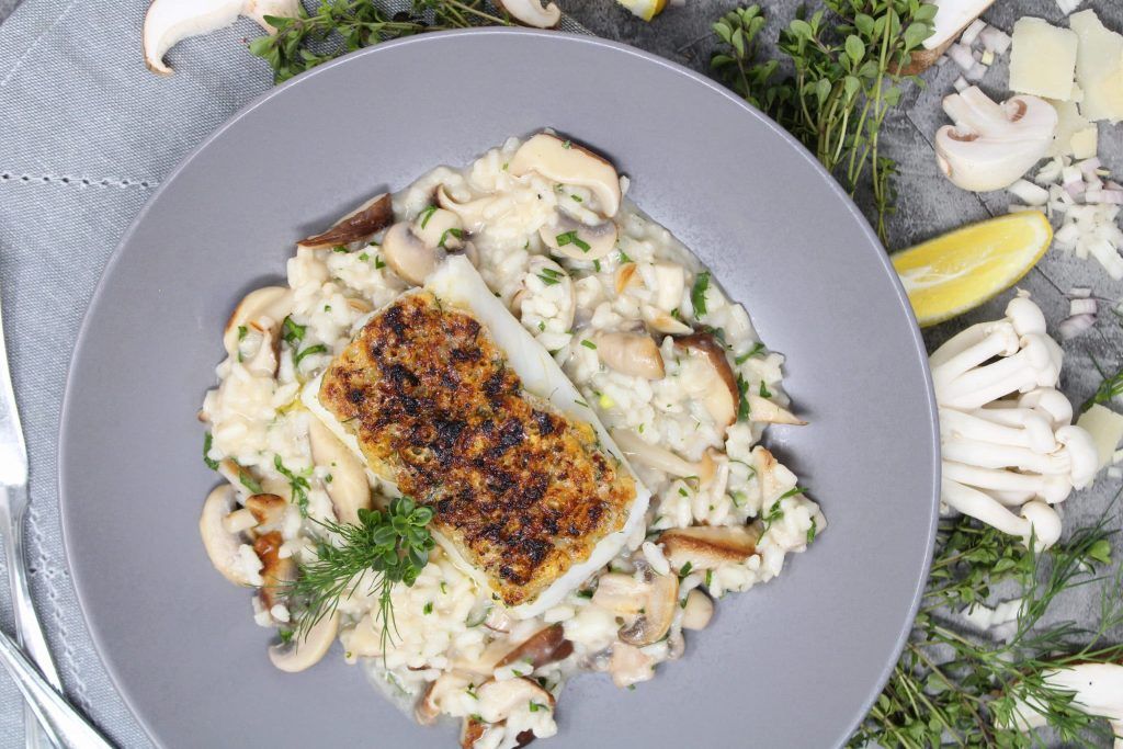 Bacalao rebozado con Risotto de Champiñones